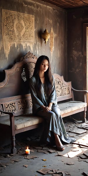 Mysterious girl sits precariously on a worn, tattered sofa amidst the crumbling remnants of an abandoned house. Thai-inspired patterns adorn the walls, while shadows cast by flickering candles dance across her pale skin. The atmosphere is heavy with secrets as she gazes out into the darkness, surrounded by the eerie silence of this forgotten place.