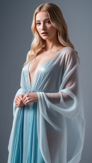 A mystical goddess stands amidst dreamy clouds against a pristine white background, her windswept locks tangled with crystal and silver threads. A patterned chiffon robe clings to her ethereal form as she wraps herself in the flowing fabric, wet clothes and hair glistening under the soft blue light of a diffused glow.