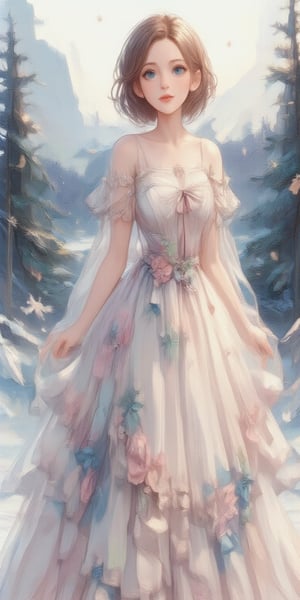 In this breathtaking oil painting on canvas, nodf_lora radiates elegance as a 18-year-old young girl stands solitary against the serene backdrop of a snow-covered winter wonderland. The soft glow of snowflakes surrounds her, highlighting the ethereal quality of her transparent dress. Her piercing light blue eyes sparkle like diamonds, drawing attention to her captivating features amidst the blurred mountains and trees in the background.