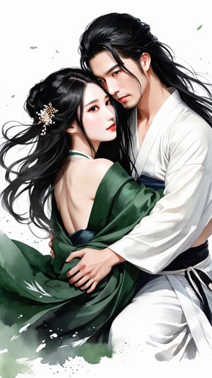 Natural Light, (Best Quality, highly detailed, Masterpiece:1.2), 16k, depth of field, ((wide shot)), Full body portrait. A lady with long black hair, barefoot, wearing a white strapless kimono, dark green silk thread, and leg rings. She hugged her boyfriend, who was wearing black Hanfu, and kissed her deeply. Transparent watercolor, splash ink rendering, chaos rendering, (beautiful and detailed eyes), (realistic detailed skin texture), (detailed hair), (realistic light and shadow), (clean outline, sketch style line art),ink splash