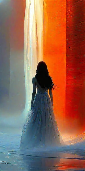 A bright light color palette illuminates an abstract surrealist masterpiece. A girl with long, wavy hair stands amidst a stark background, her features sharply focused. The harsh juxtaposition of the uncanny and banal is underscored by negative space, evoking the eerie atmosphere of Zdzislaw Beksinski's works. Style reminiscent of Gabriel Pacheco, Graham Sutherland, and Tracy Adams. Her pose, frozen in time, seems to tap into a dreamlike state, as if suspended between reality and the realm of the unknown.