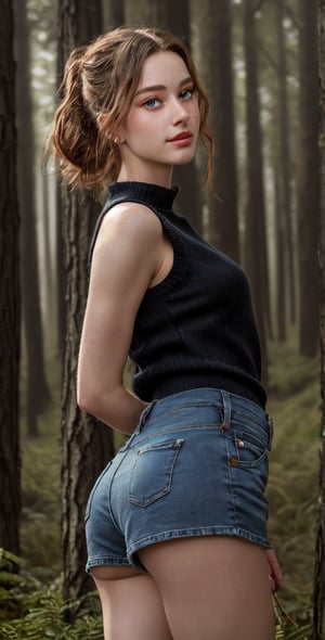 (Masterpiece, Photorealistic, hyper_realistic, high_resolution, HD, best_quality, perfect_light, highly_detailed, Award-winning cinematographer). a beautiful 18-year-old girl, looking at viewer at a dark and foggy forrest, her beautiful girly body proportions and smaller frame visible despite the eerie atmosphere. she poses confidently in a low-cut, collarless, sleeveless sweater with a floral pattern and very short denim hot pants.