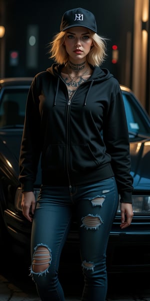 Low-lit alleyway at night, cinematic still. A British female gangster stands tall, confident and imposing, against the hood of a sleek black car. Her blonde short hair is styled in a messy, undone look, framing her striking blue eyes and angular features. A heavy tattoo adorns her neck, adding to her intimidating aura.

She's dressed in a black hoodie, baseball cap, and ripped jeans, her physique honed from years on the streets. The dark background amplifies her good looks, as she leans against the car with a serious expression, radiating an air of authority. Details are insane: every tattoo, every rip in the jeans, every strand of hair is meticulously rendered.

The lighting is perfect - high contrast, maximum brightness. This movie still screams 'Epic Land' from the rooftops.