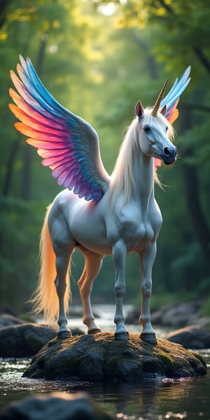 A beautiful unicorn stands proudly and spreads its beautiful, colorful wings on the river rocks in the middle of a dense, silent jungle.