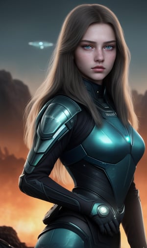 A photorealistic masterpiece in 8K resolution. A 18-year-old girl with long hair, light blue eyes, and sexy lips walks on an alien planet, exuding emotionless confidence. She intimidates the aliens, as flames engulf the post-apocalyptic landscape. Perfect lighting highlights her sharp features, balanced brightness enhances the dystopian atmosphere, and Ultra High Definition brings forth intricate details.