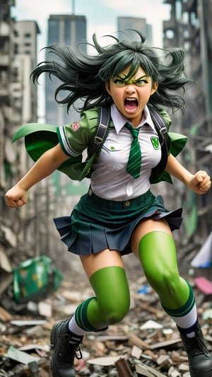 A kawaii rendition of a 16-year-old anime Hulk in a schoolgirl uniform, with green skin, an aggressive expression featuring raised eyebrows, a grimace on her lips, and an open mouth. She stands amidst a backdrop of a devastated cityscape, her perfect physique evident despite the chaos around her.