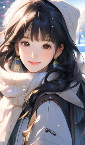 Anime, Masterpiece, HD, 8k, high_resolution, best_quality, 1girl, 18y.o, Beautiful and delicate light, (beautiful and delicate eyes), pale skin, big smile, (brown eyes), (black long hair), dreamy, medium chest, woman 1, (front shot), Korean girl, bangs, soft expression, height 170, elegance, bright smile, 8k art photo, realistic concept art, realistic, portrait, necklace, small earrings, handbag, fantasy, jewelry, shyness, skirt, winter parka, scarf, snowy street, footprints, perfect ligjting, more_realistic, Ultra High Definition,Geuliss