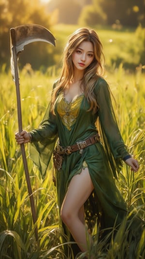 A young woman, dressed in a vibrant green and yellow cosplaying costume as Scarecrow from Batman, stands tall amidst the lush green rice fields. She holds a wooden scythe and has a determined look on her face, as if she's ready to scare away any intruders. The golden sunlight casts a warm glow over the scene, with the soft rustling of the rice plants adding a soothing ambiance.