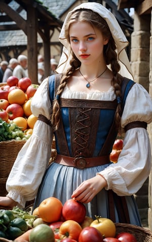 35mm film photography captures a very beautiful 18 years old medieval girl in traditional dress, natural beauty, light_blue_eyes, wet_lips, medium_breasts, vegetables and fruits, at a farmer's market, mysterious athmosfer medieval, masterpiece, High detailed, CrclWc, Detail, Half-timbered Construction, INK art, watercolor