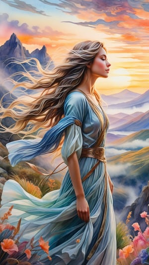 A watercolor painting depicting a lovely maiden lost in contemplation before a vast, otherworldly landscape. Soft brushstrokes convey intricate details as she gazes into the distance, where misty mountains meet the sky and glowing, ethereal flora sways gently. Her flowing locks dance in an alien breeze, as the scene dissolves into vibrant, surreal hues, capturing the whimsical essence of a fantasy-science fiction realm.