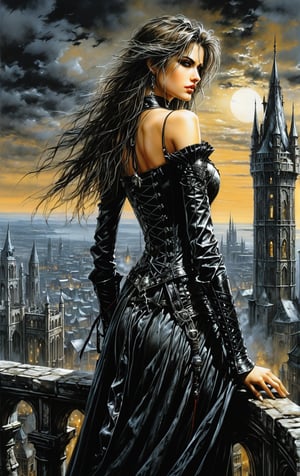 A beautiful adventuress , gothic clotes standing on to of the tower overlooking a big city. Luis Royo, Grzegorz Rosiński, detailed background, dark fantasy, comic illustration, masterpiece, realistic