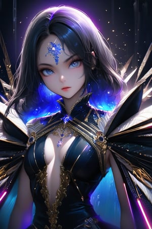 8k, semi_realistic, masterpiece, 1girl, 18 y.o, long black hair, light_blue_eyes, perfect body, looking to viewers, She is very badass, she wears a very luxurious outfit. detailed image, detailed skin, upper_body 1:3, ((masterpiece: 1.2)), lasers and light particles in background, perfect lighting, more sharpness, balance brightness, Ultra High Definition