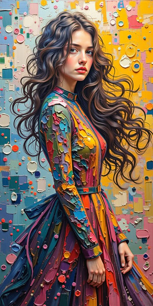 A surreal fusion of woman and art, as a beautiful girl's long wavy hair merges with an abstract oil painting on canvas. Vibrant colors blend seamlessly, creating a perfect composition with striking contrast and brightness. Her figure dissolves into the artwork, evoking Beksinski's eerie atmosphere. Brushstrokes evoke Pacheco, Sutherland, and Adams' styles, while Van Gogh's boldness adds to the abstract masterpiece's depth.