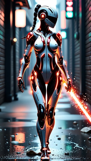 In a gritty, neon-lit alleyway, a striking young cyber soldier emerges from the shadows. Her braided pigtails, ablaze with bright colors, contrast sharply with her scarred white and red armor, as if the battle-hardened tech has become an extension of her being. Bio-organic lights dance on her shoulder, illuminating her fusion with technology. Her helmeted face remains shrouded in mystery, exuding a potent mix of intrigue and menace. As she wields her plasma whip, flames crackling to life, she embodies fierce determination, elegant power, and unyielding resilience. Her bold lips, sharp facial expressions, and chiseled arms reveal the depth and strength within. The muted backdrop lets her design shine, crafting a breathtaking cyberpunk masterpiece that harmoniously blends style and cinematic grandeur.