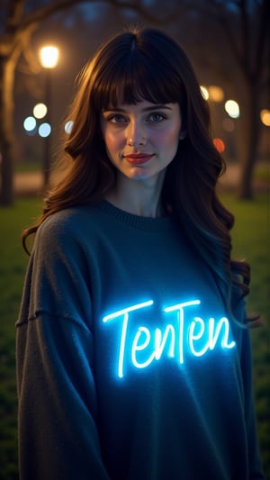 Masterpiece, beautiful 18 year old french girl, long wavy hair, bangs, brown eyes, glossy lips, wearing oversized sweater with the text "TenTen" flashing in light blue neon light, in a city park, outdoors, happy pose, dark atmospheric, flash photography, perfect lighting