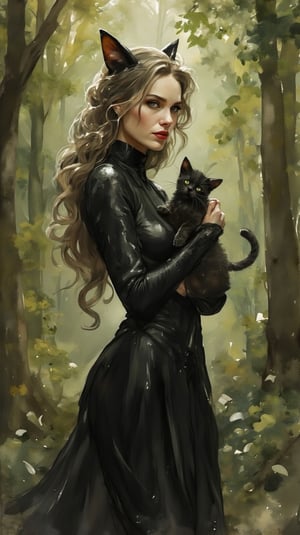 Watercolor-inspired portrait of a Cat Woman hold a cute black kitten. The background dissolves into an abstract blend of forest greens and browns, punctuated by occasional splashes of light creating a serene atmosphere. Her figure stands in high contrast against the muted backdrop, drawing focus.