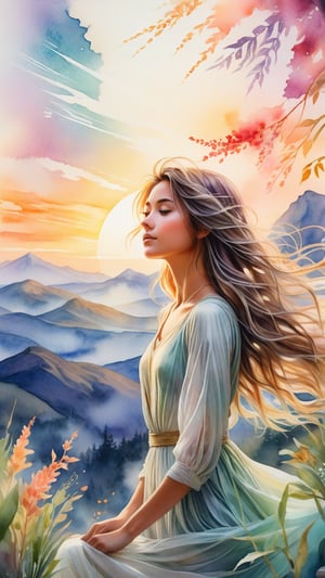 A delicate watercolor painting of a beautiful girl entranced by a radiant, set against a whimsical landscape. Softly glowing plants and misty mountains fade into the distance as the girl's flowing hair drifts lazily in an ethereal breeze. The dreamlike scene is characterized by surreal colors blending harmoniously, evoking a sense of wonder and enchantment in this fantasy-science fiction world.