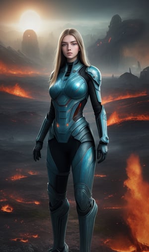 A girl, 18 years old, with long hair and light blue eyes, stands expressionless amidst a dystopian alien landscape. Her sexy lips are set in a determined line as she walks confidently towards an intimidating monster. The planet's scorched terrain stretches out behind her, scarred by fire and destruction. Giger-esque architecture looms in the background, bathed in perfect lighting with balanced brightness and sharpness. In the Ultra High Definition image, every detail is rendered in stunning 8K resolution, from the girl's high-resolution features to the intricate textures of the alien environment.