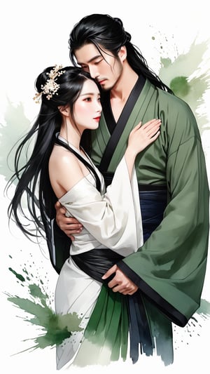 Natural Light, (Best Quality, highly detailed, Masterpiece:1.2), 16k, depth of field, ((wide shot)), Full body portrait. A lady with long black hair, barefoot, wearing a white strapless kimono, dark green silk thread, and leg rings. She hugged her boyfriend, who was wearing black Hanfu, and kissed her deeply. Transparent watercolor, splash ink rendering, chaos rendering, (beautiful and detailed eyes), (realistic detailed skin texture), (detailed hair), (realistic light and shadow), (clean outline, sketch style line art),ink splash