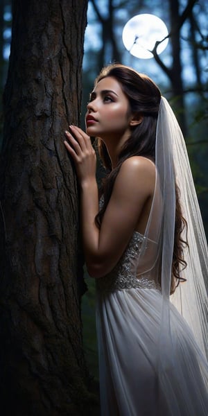 A 18-year-old beauty, with dark brown long hair cascading down her back, gazes up at the stars through a veil of tears, her big brown eyes welling up with sorrow. Her flawless skin glistens in the moonlight, and her glossy lips quiver as she whispers her secrets to the owl perched beside her on a gnarled tree branch. In the midst of this dark forest, her perfect body is framed by the eerie silence, bathed in an 8K HD glow that accentuates every curve and contour.