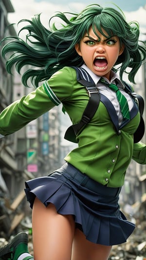 A kawaii rendition of a 16-year-old anime Hulk in a schoolgirl uniform, with green skin, an aggressive expression featuring raised eyebrows, a grimace on her lips, and an open mouth. She stands amidst a backdrop of a devastated cityscape, her perfect physique evident despite the chaos around her.