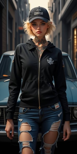 In this epic film still, Blonde Bombshell gazes directly into the camera with a confident, serious expression. Her blonde hair is styled short and sleek, framing her angular face with piercing blue eyes that seem to bore into the soul. A black hoodie and baseball cap add an air of mystery, while ripped jeans reveal a toned physique beneath.

Her neck is a canvas of colorful tattoos, visible even in the dimly lit alleyway as she leans against the hood of a car. The darkness surrounding her creates a moody atmosphere, with only the faint glow of city lights illuminating her features. Perfect lighting highlights every detail, from the subtle curves of her lips to the intricate patterns on her skin.

As she stands, her symmetry is striking, with each feature balanced and proportioned to create an aura of good looks. But it's her confidence that truly sets her apart - she exudes a sense of power and control, as if she owns the very alleyway itself. The heavy atmosphere and intense gaze make her seem like a force to be reckoned with, ready to take on any challenge that comes her way.