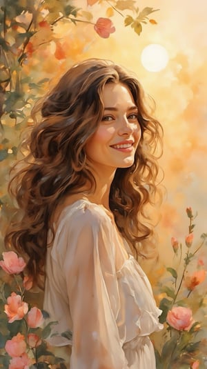 A serene watercolor portrait of an 18-year-old beauty, gazing softly into the distance. Her luscious curly brown hair dances in harmony with each gentle movement, as her radiant smile illuminates the scene like a warm sunrise. Against a stunning natural backdrop, delicate petals and lush foliage subtly complement her features. The soft focus and gentle brushstrokes evoke a sense of tranquility, while the subtle interplay of light and shadow creates a captivating dynamic.