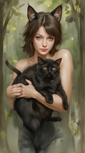 Watercolor-inspired portrait of a Cat Woman hold a cute black kitten. The background dissolves into an abstract blend of forest greens and browns, punctuated by occasional splashes of light creating a serene atmosphere. Her figure stands in high contrast against the muted backdrop, drawing focus.