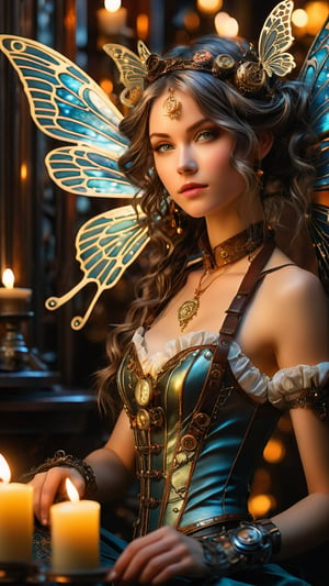 A luminous, photo-realistic portrait of a Steampunk faery girl with delicate, intricate details and realistic textures. She sits amidst a warm, golden glow emanating from the soft light of candles, her ethereal beauty illuminated by the subtle play of shadows on her porcelain skin. Her butterfly wings, intricately crafted with brass filigree and gemstone accents, spread wide behind her, their iridescent sheen glistening in the flickering candlelight. The room's dark wooden paneling and ornate metalwork are bathed in a warm, rich light, while the faery girl's attire, adorned with gears, clockwork mechanisms, and steam-powered trinkets, exudes an air of whimsical, fantastical elegance. Create this masterpiece in UHD resolution, with maximum contrast and sharpness.