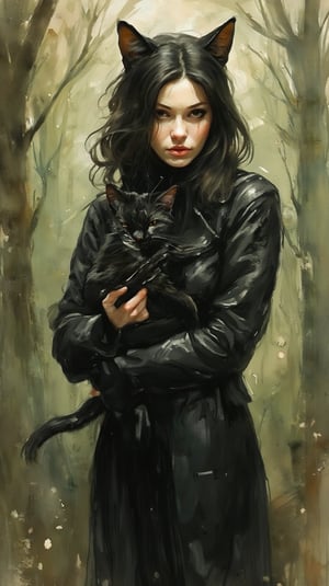 Watercolor-inspired portrait of a Cat Woman hold a cute black kitten. The background dissolves into an abstract blend of forest greens and browns, punctuated by occasional splashes of light creating a serene atmosphere. Her figure stands in high contrast against the muted backdrop, drawing focus.