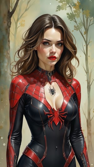 Watercolor-inspired portrait of a Spider Woman. The background dissolves into an abstract blend of forest greens and browns, punctuated by occasional splashes of light creating a serene atmosphere. Her figure stands in high contrast against the muted backdrop, drawing focus, upper_body, bust