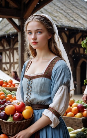 35mm film photography captures a very beautiful 18 years old medieval girl in traditional dress, natural beauty, light_blue_eyes, wet_lips, medium_breasts, vegetables and fruits, at a farmer's market, mysterious athmosfer medieval, masterpiece, High detailed, CrclWc, Detail, Half-timbered Construction, INK art, watercolor