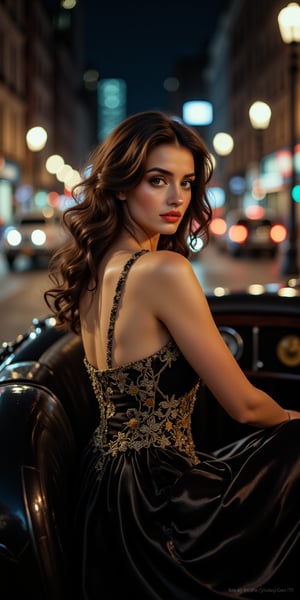 A sultry siren, daughter of a Mafia Boss in 1934, poses regally inside an open-cowl 1930 Cadillac V16 Madame X Sedan Cabriolet on a New York street at night, radiating elegance and poise. Framed by the sleek car's curves, her flawless skin glistens under the city lights' high-contrast glow. Luscious locks cascade down her back, as the 35mm camera captures every detail of this photorealistic masterpiece.