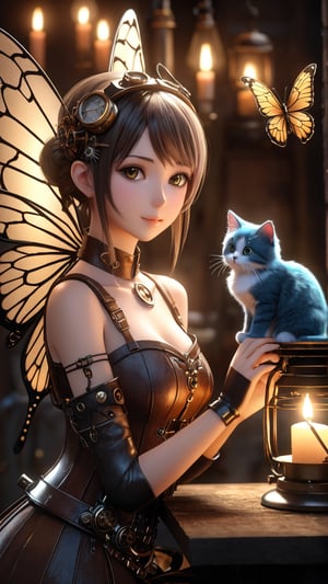 Anime, 16k, HD, RAW photo, best quality, (masterpiece:1.2), (highly detailed), Steampunk Faery Girl, Butterfly Wings, with a robot fairy Cat, in a candle lit room ,STEAM PUNK, more contrast, more sharpness, UHD