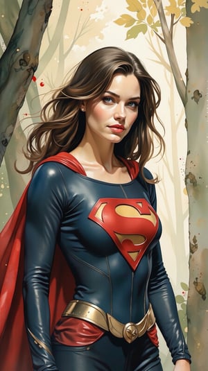 Watercolor-inspired portrait of a Super Girl. The background dissolves into an abstract blend of forest greens and browns, punctuated by occasional splashes of light creating a serene atmosphere. Her figure stands in high contrast against the muted backdrop, drawing focus, upper_body, bust