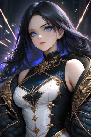 8k, semi_realistic, masterpiece, 1girl, 18 y.o, long black hair, light_blue_eyes, perfect body, looking to viewers, She is very badass, she wears a very luxurious outfit. detailed image, detailed skin, upper_body 1:3, ((masterpiece: 1.2)), lasers and light particles in background, perfect lighting, more sharpness, balance brightness, Ultra High Definition