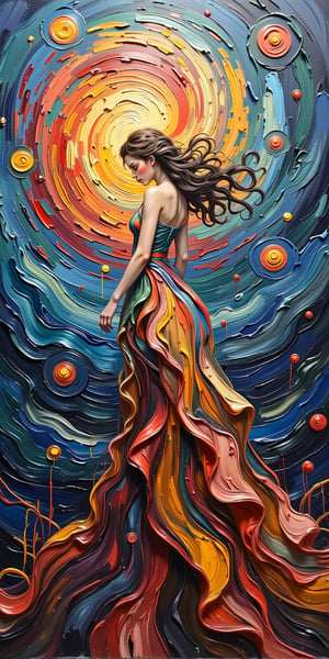 A swirling vortex of vibrant colors dominates the canvas as a beautiful girl's body melts into the painting, her long wavy hair blending with the abstract shapes. In the eerie light, she appears suspended within the artwork, evoking the surreal atmosphere of Zdzislaw Beksinski. Graham Sutherland-inspired tendrils of paint seem to wrap around her, while Tracy Adams-esque textures add depth. A nod to Vincent van Gogh's expressive brushstrokes and Gabriel Pacheco's abstracted forms complete this stunning surrealist masterpiece.