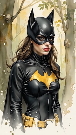 Watercolor-inspired portrait of a Bat Girl. The background dissolves into an abstract blend of forest greens and browns, punctuated by occasional splashes of light creating a serene atmosphere. Her figure stands in high contrast against the muted backdrop, drawing focus, upper_body, bust