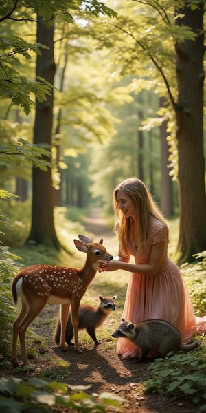 A serene forest glade, dappled sunlight filtering through the treetops, casts a warm glow on the scene. A stunning young woman, her long hair cascading down her back like a golden waterfall, playfully interacts with a curious fawn and a mischievous raccoon. Her laughter echoes through the trees as she gently strokes the animals' fur, her beauty radiating from within.