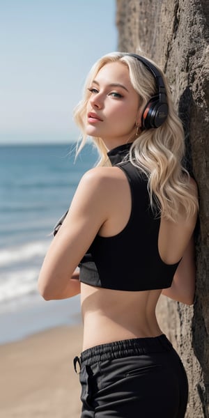 A French hip-hop dancer sits at the seaside, her very long, curly grey-blonde hair flowing down her back like a golden waterfall. She wears all black attire - a loose-fit top and wide cargo pants - along with sleek sneakers and a pair of headphones around her neck. A delicate necklace and earrings adorn her accessories. As she gazes out at the horizon, the sun's warm light casts a dramatic cowboy-shot frame, emphasizing the sharp focus on her beautiful, detailed eyes. The sea bank's rugged texture and fine details are captured in photorealistic 32k resolution, creating an ultra-detailed, finely detailed masterpiece.