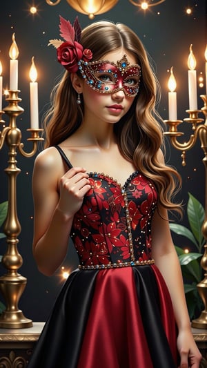 A stunning 18-year-old girl with luscious long hair, donning a lavish masquerade ball mask, stands elegantly at the edge of a dimly lit dance floor. Perfectly framed by ornate candelabras and lush greenery, her beauty is illuminated by a warm, golden spotlight. The vibrant colors of the party dress sparkle against the dark background, while the subtle glint on her mask adds an air of mystery.