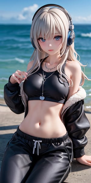 French girl,grey blonde hair(very long hair, curly_hair),hiphop dancer,wearing all black clothes (loose fit top and wide cargo pants),sneakers,headphone, sitting at sea bank,horizon,seaside,accessories(necklace,ear_rings),Best Quality, 32k, photorealistic, ultra-detailed, finely detailed, high resolution, perfect dynamic composition, beautiful detailed eyes, sharp-focus, cowboy_shot, 