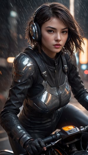 Award-winning cinematographer captures a breathtaking cyberpunk fantasy scene: A stunning 18-year-old girl, porcelains-skin toned with large, light-brown eyes and wet lips, sits astride her metallic racing motorcycle. Dark brown hair falls in medium bob style, framing her face as she dons metallic headphones and a sleek rider suit that hugs her perfect body. Bangs frame her forehead, accentuating her intense gaze. Dramatic lighting casts a moody glow, while the 16k resolution and cinematic moviemaker style ensure every intricate detail is rendered with photorealism. The bike's metal surface glistens, reflecting the wet asphalt as our heroine rides straight towards the viewer. Score: 9