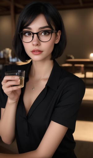 A young woman sits alone in a dimly lit indoor setting, her piercing black eyes fixed intently on the viewer. Her short, dark hair is styled neatly, and she wears a black shirt with short sleeves. A pair of glasses perches on the end of her nose. In one hand, she cradles a cup, its presence adding an air of tension to the scene. The table before her features a drinking glass, the only other item in sight. Her full lips are set in a firm line, as if she's deep in thought or contemplating her next move.