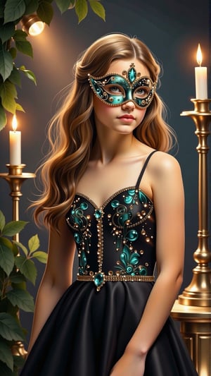 A stunning 18-year-old girl with luscious long hair, donning a lavish masquerade ball mask, stands elegantly at the edge of a dimly lit dance floor. Perfectly framed by ornate candelabras and lush greenery, her beauty is illuminated by a warm, golden spotlight. The vibrant colors of the party dress sparkle against the dark background, while the subtle glint on her mask adds an air of mystery.