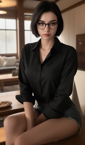 A young woman sits alone in a dimly lit indoor setting, her piercing black eyes fixed intently on the viewer. Her short, dark hair is styled neatly, and she wears a black shirt with short sleeves. A pair of glasses perches on the end of her nose. In one hand, she cradles a cup, its presence adding an air of tension to the scene. The table before her features a drinking glass, the only other item in sight. Her full lips are set in a firm line, as if she's deep in thought or contemplating her next move.