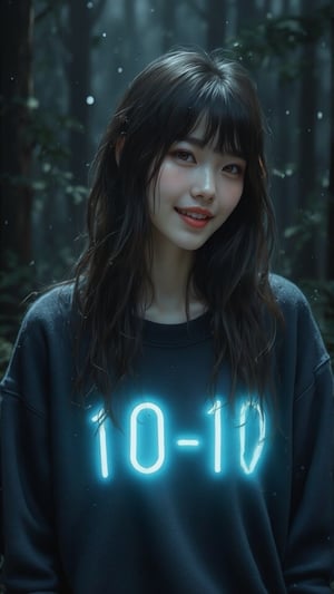 Masterpiece, beautiful 18 year old girl, kawaii, long hair, bangs, brown eyes, glossy lips, wearing oversized sweater with the text "10-10" flashing in light blue neon light, in a dark wooded area, outdoors, happy pose, rain forest, dark atmospheric, flash photography, perfect lighting