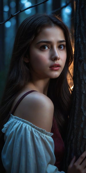 (Masterpiece, photorealistic, HD, high_resolutions, 8k, A beautiful girl, 18 years old, dark brown long hair, brown_eyes, glossy_lips, perfect_body)
In the dark of a quiet night, a beautiful girl cried alone in the middle of a dark forest accompanied by an owl perched silently on the branch of the tree where the girl was leaning. The dark of night and sadness could not erase the girl's beautiful face.