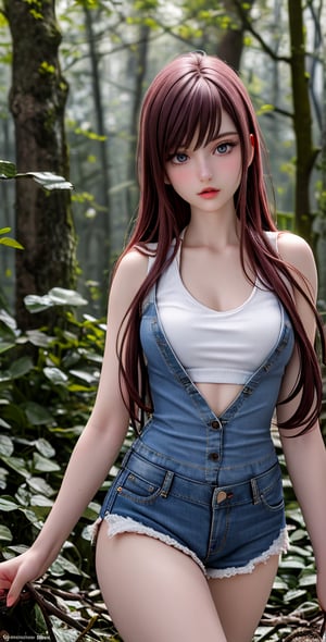 (Masterpiece, Photorealistic, hyper_realistic, high_resolution, HD, best_quality, perfect_light, highly_detailed, Award-winning cinematographer). a beautiful 18-year-old girl, looking at viewer at a dark and foggy forrest, her beautiful girly body proportions and smaller frame visible despite the eerie atmosphere. she poses confidently in a low-cut, collarless, sleeveless sweater with a floral pattern and very short denim hot pants.