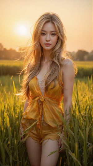 Against a warm sunset backdrop, a stunning cosplayer dressed as Scarecrow from The Dark Knight stands amidst lush green rice fields. Her long golden hair flows gently in the breeze as she poses with confident elegance, her bright yellow and orange costume radiating against the rustic terrain. The soft afternoon light casts a flattering glow on her porcelain skin, while the vibrant scenery behind her creates a striking juxtaposition of beauty and nature.